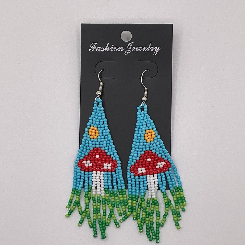 Mushroom Seed Bead Beaded Earrings Boho Fringe Dangle Tassel Long Unique Forrest